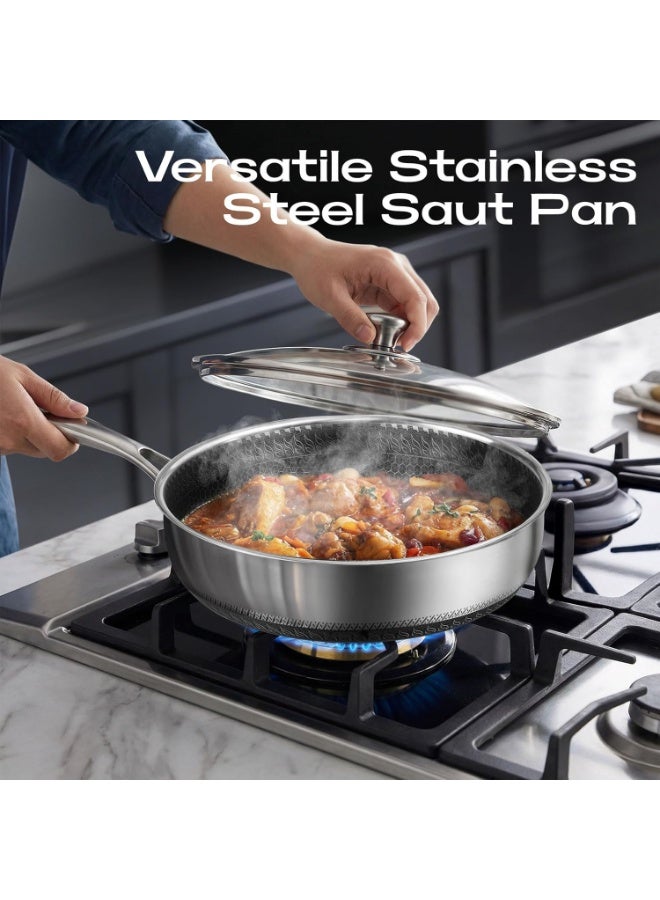 م.ا & ف'س مقلاة سوتيه من الفولاذ المقاوم للصدأ، عمق 30 سم، مزودة بغطاء، مقلاة غير لاصقة، أواني طهي هجينة كبيرة، قدر طهي ووك، آمنة للاستخدام في غسالة الصحون والفرن، مناسبة لجميع أنواع المواقد - Image 2